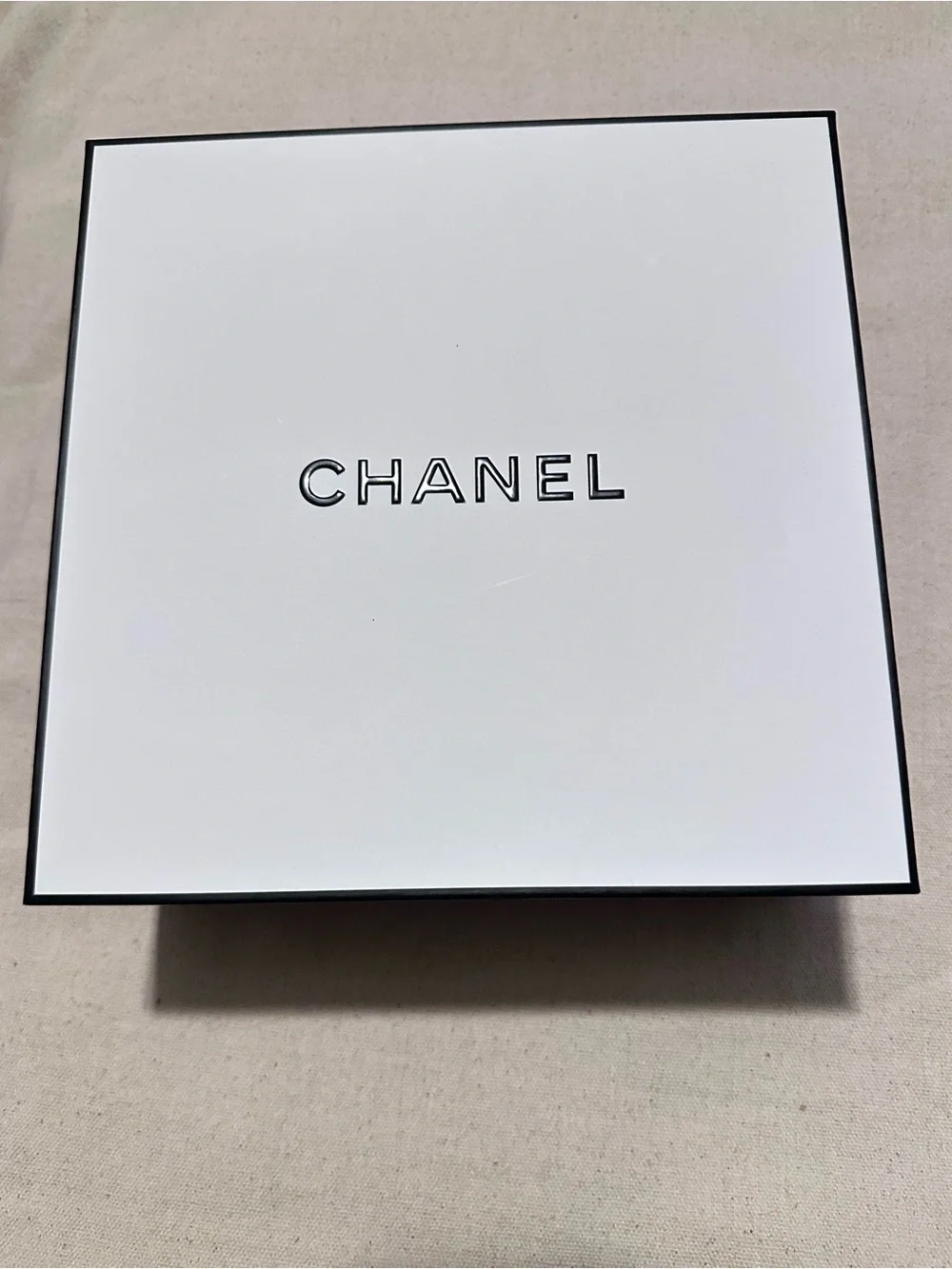 CHANEL | Box | Medium White Box with Black Logo Trim